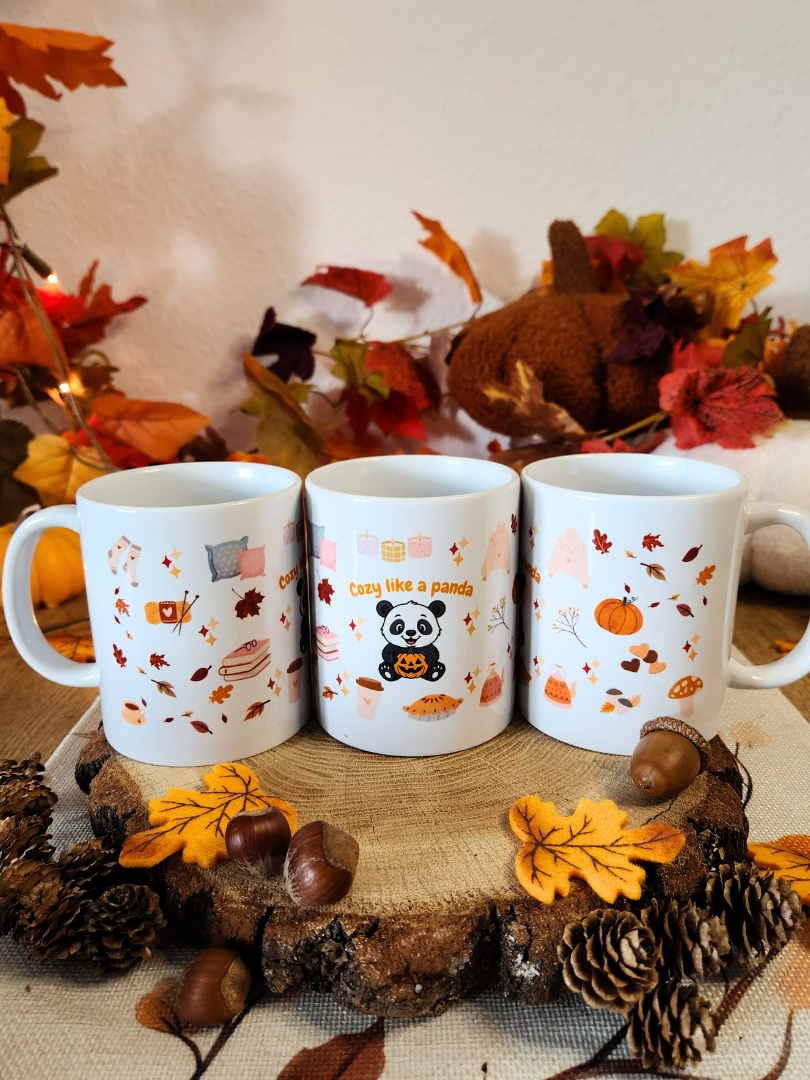 AKTION: Tasse "Cozy like a Panda" mit süßem Pandamotiv + Gratis Kürbisgeschenktasche