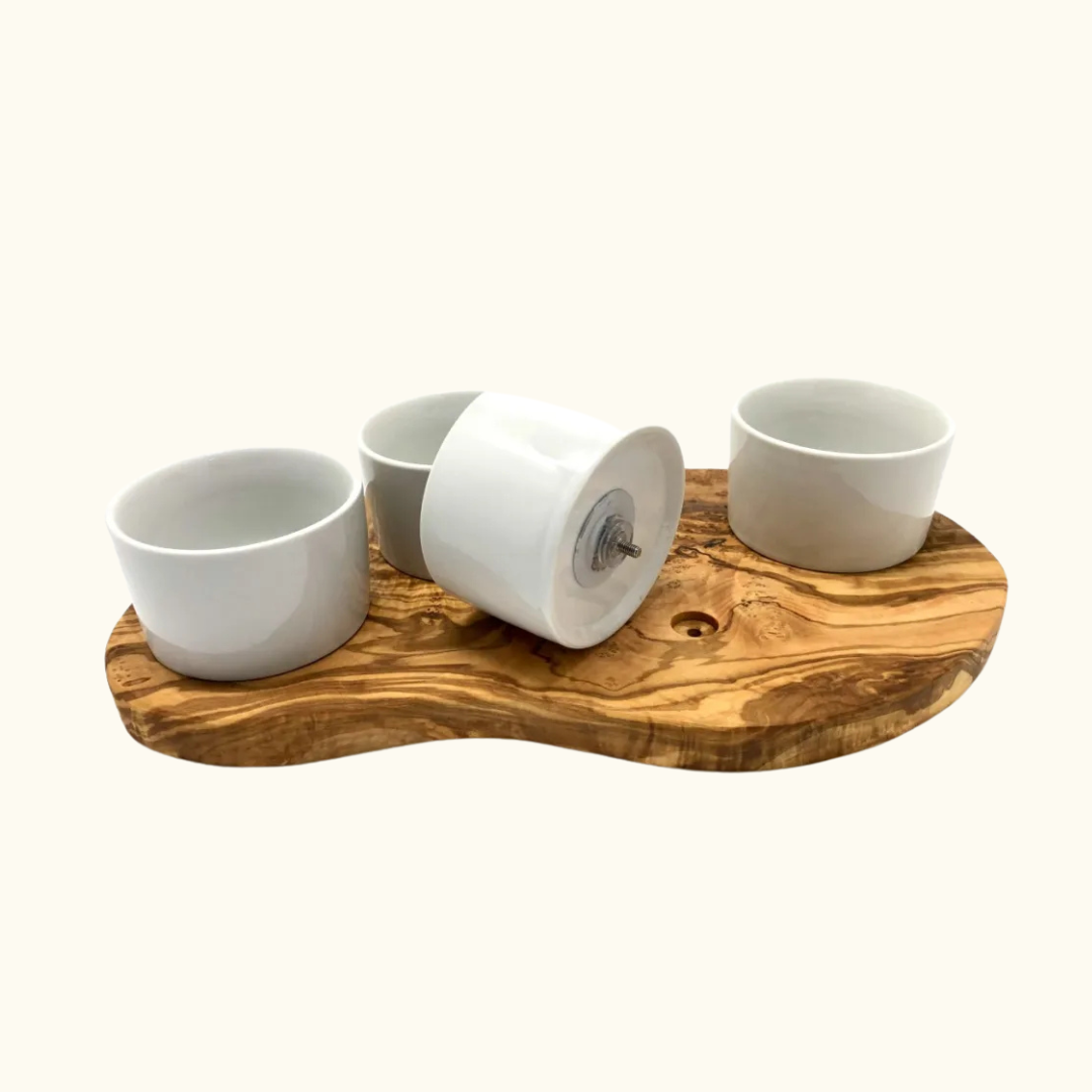 B-Ware - Servierbrett für Dips aus Olivenholz inkl. 4 Porzellanschalen