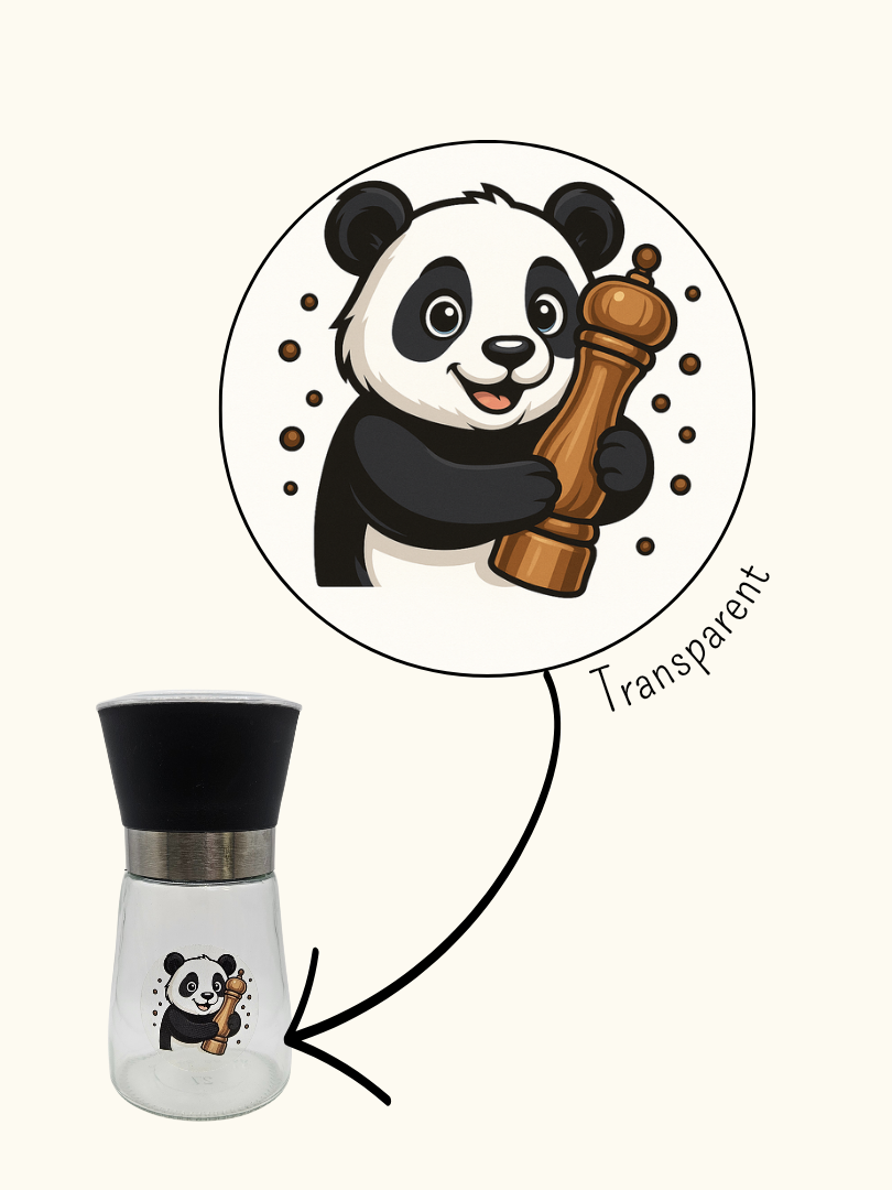 Aufkleber "Panda mit Pfeffermühle" - 4cm - Transparenter Hintergrund