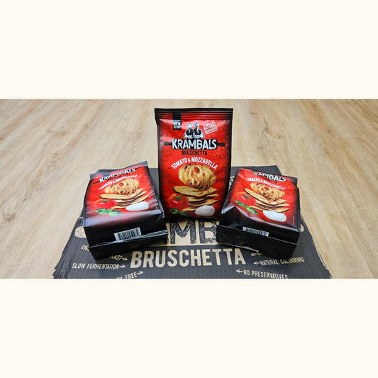 1x Karton (12 Tüten) Krambals Bruschetta Tomate & Mozarella - 840g - MHD: 09.10.2025