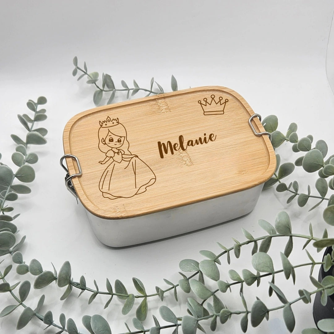 Personalisierte Brotdose mit Namen und Prinzessin Motiv als Geschenk zur Einschulung Geburtstag oder Weihnachten für Mädchen