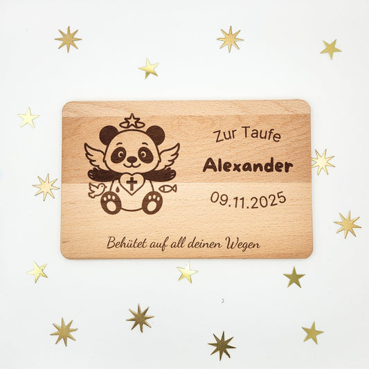 Personalisiertes Buchen Brett für die christliche Taufe mit Pandamotiv