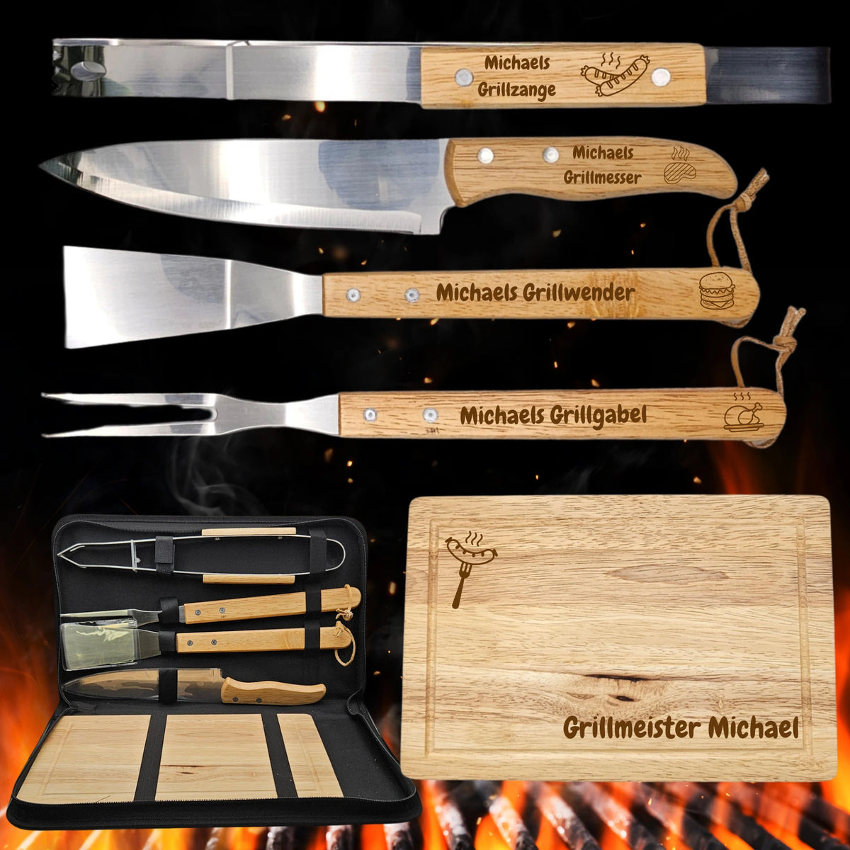 Alle Teile graviert auf einem Bild sowie den Inhalt in der Tasche. Im Hintergrund ist ein Grill mit Feuer zu sehen.