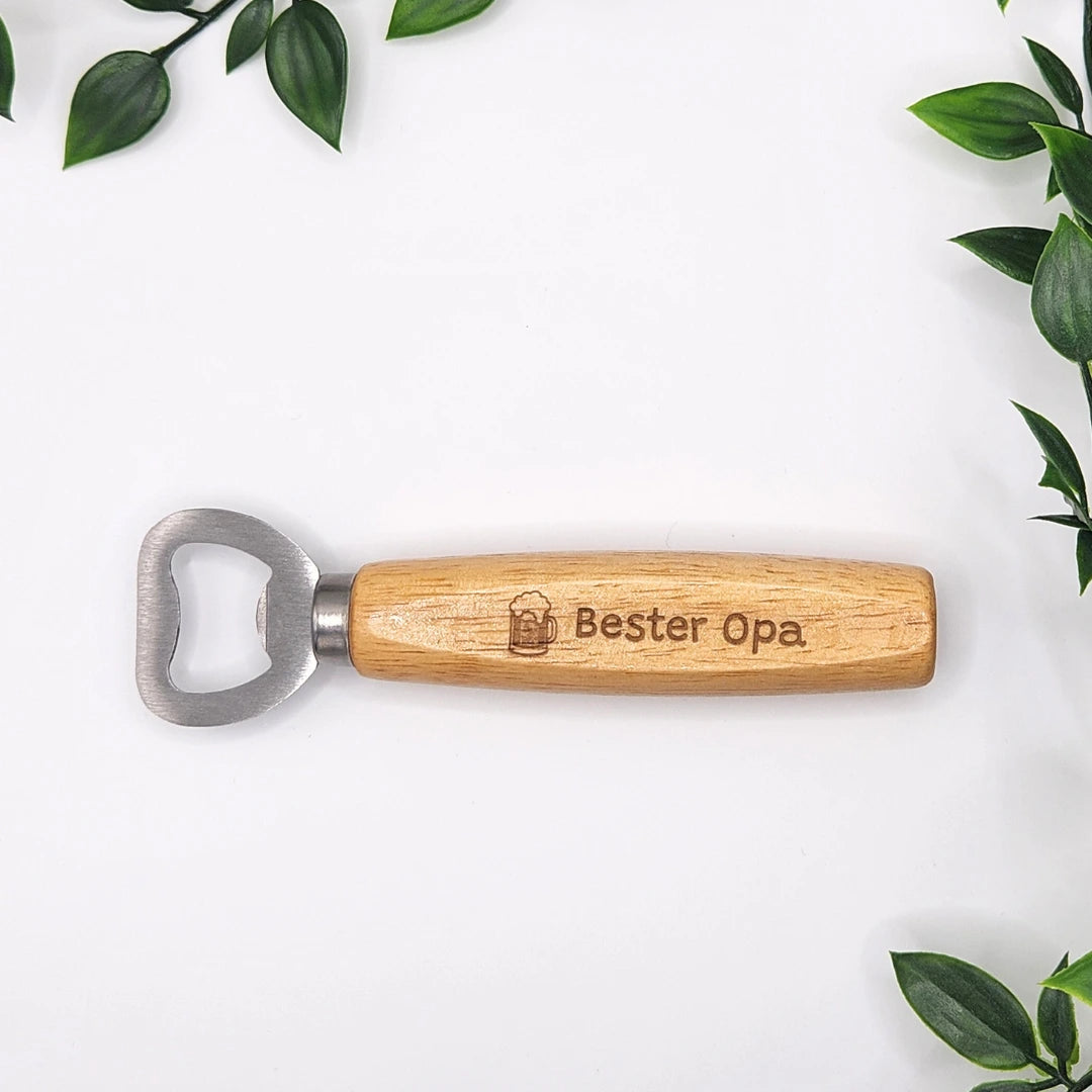 Hochwertiger Bieröffner mit ergonomischem Holzgriff und Lasergravur „Bester Opa“, ideal als individuelles Geschenk für Großväter
