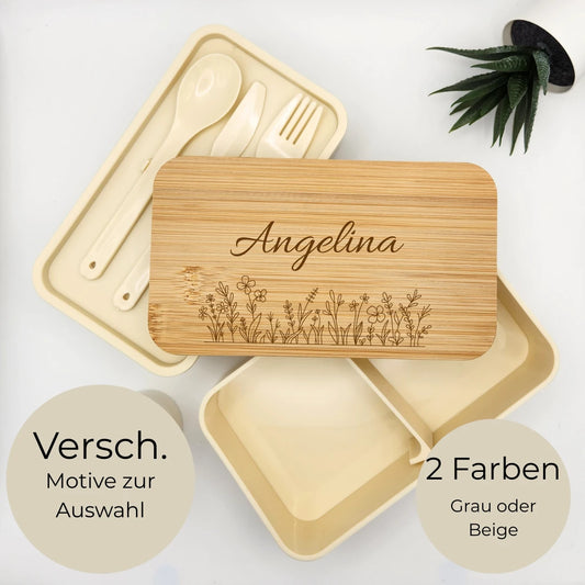 Brotdose mit Gravur Angelina und Blumenwiese, Hinweis auf verschiedene Motive und zwei Farben zur Auswahl