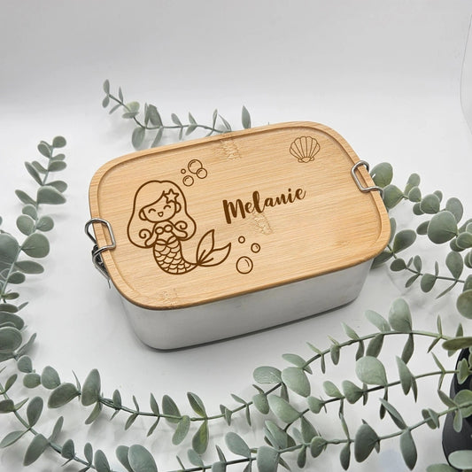 Brotdose personalisiert mit beispielsweise dem Namen Melanie und einer Meerjungfrau als Motiv