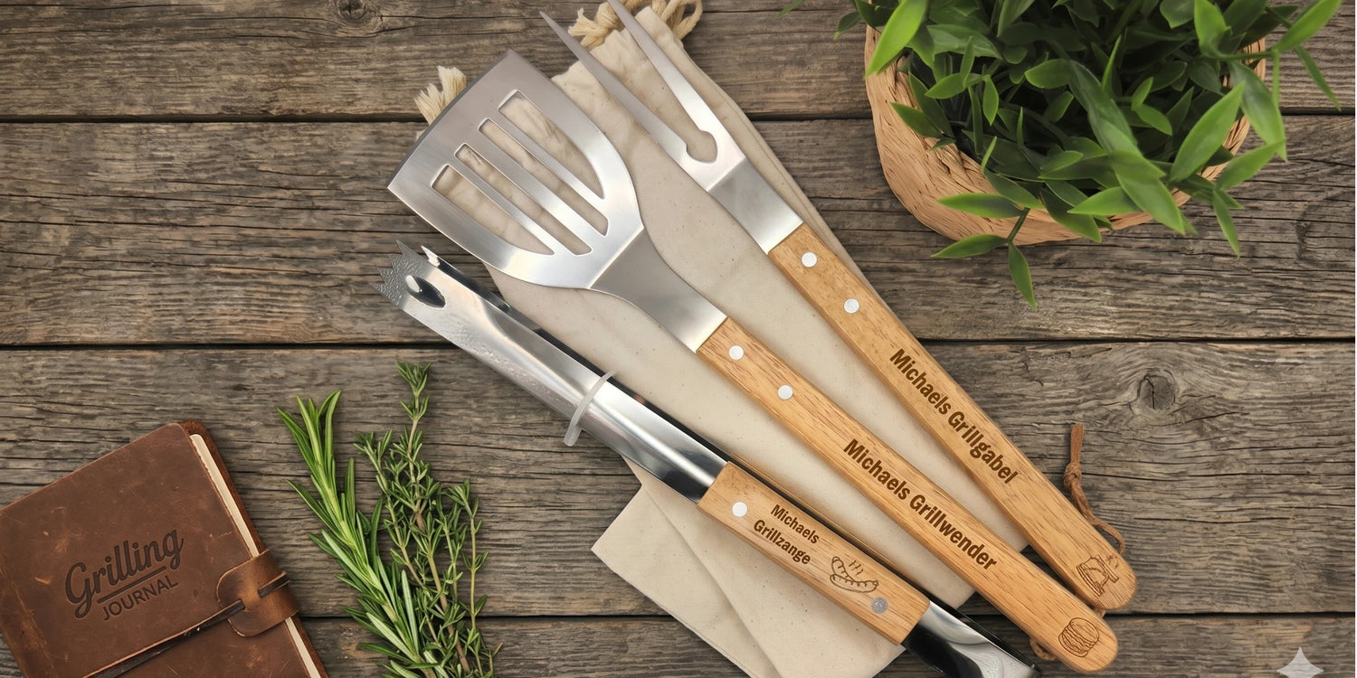 Personalisiertes 3-teiliges Grillset mit Grillzange, Grillwender und Grillgabel mit Wunschnamen und Motiv