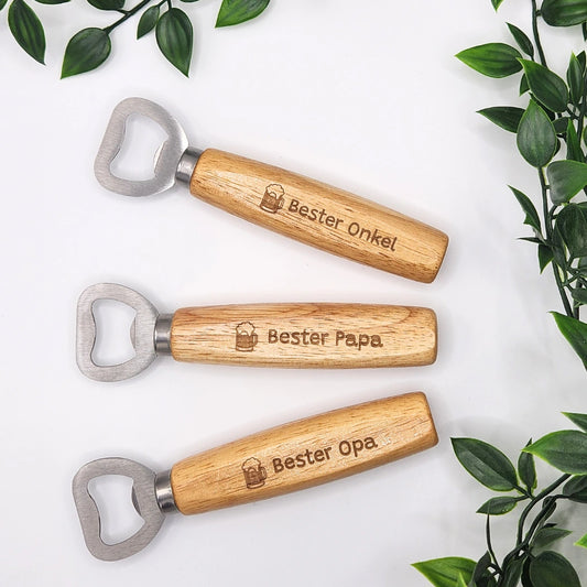 Flaschenöffner mit Holzgriff für Papa, Opa, Onkel zum Geburtstag, Vatertag oder Weihnachten - individuell mit Namen personalisierbar