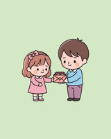 Süße Illustration im Kawaii-Stil: Kinder überreichen einen Briefumschlag. Inspiration für personalisierte Kindergeschenke, Briefpapier und Schreibwaren-Ideen