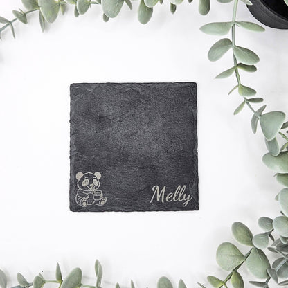 Personalisierter Schiefer Untersetzer 10x10cm für Gläser, Tassen und Becher mit Gravur von Namen und Motiv Panda