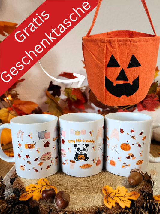 AKTION: Tasse "Cozy like a Panda" mit süßem Pandamotiv + Gratis Kürbisgeschenktasche