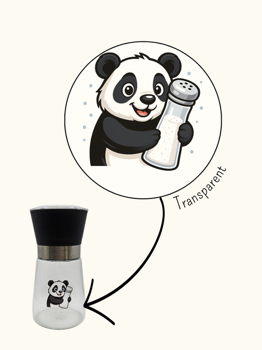 Aufkleber "Panda mit Salzmühle" - 4cm - Transparenter Hintergrund