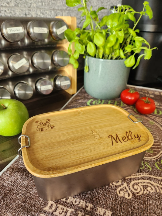 Personalisierte Brotdose aus Edelstahl mit Bambusdeckel