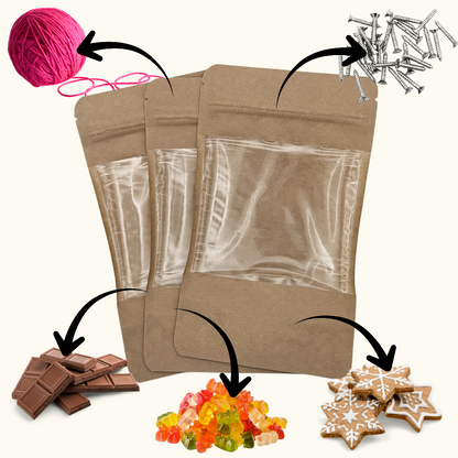 20x Standbodenbeutel aus Kraftpapier - 1800 ml - mit großem Sichtfenster