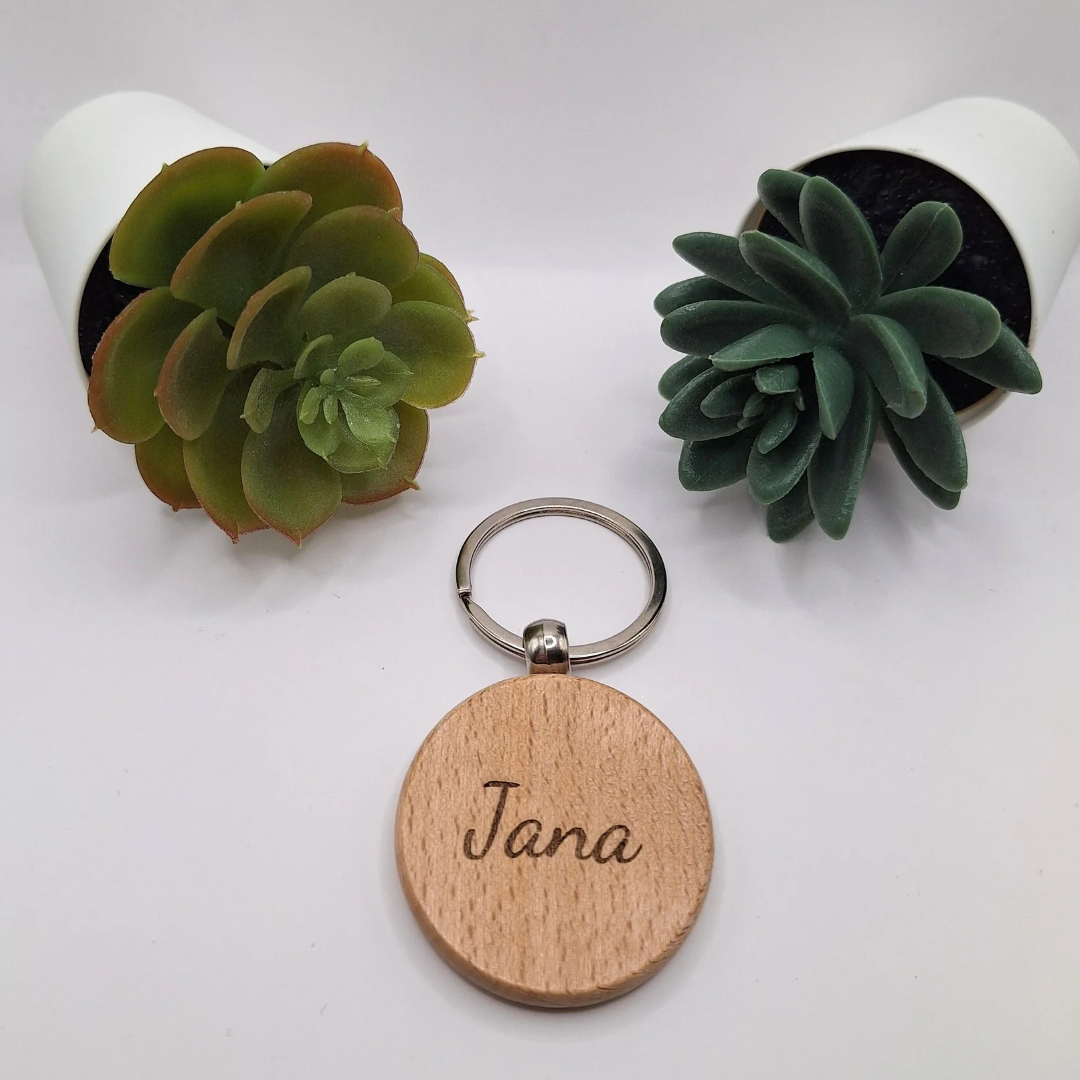 Runder Schlüsselanhänger aus Buchenholz - Motiv vorn & Name hinten (Ø 4 cm)