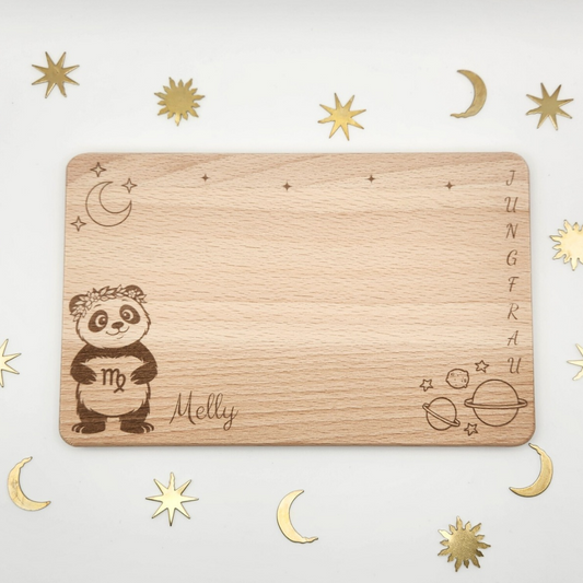 Sternzeichen "Panda-Edition" Brett mit Namen personalisiert aus Buchenholz
