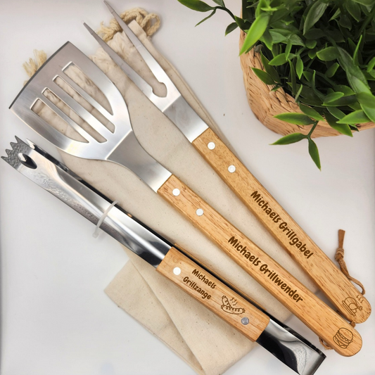Grillset 3-tlg mit Wunschgravur - inkl. Baumwollbeutel