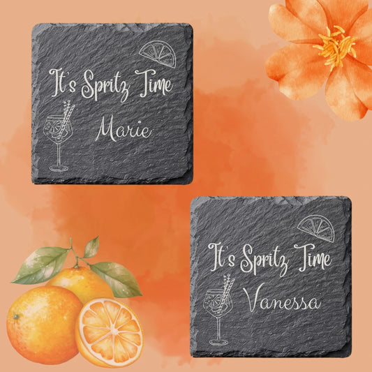 Schiefer-Untersetzer „It's Spritz Time" mit Namen – 2er-Set