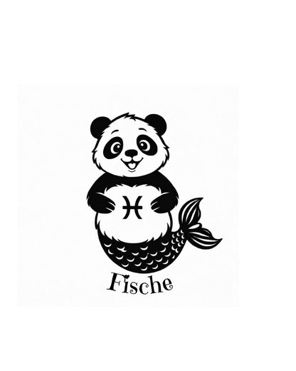 Vorlage Schlüsselanhänger Sternzeichen Panda als Fische mit einer Fischflosse und dem Text "Fische".