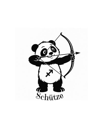 Vorlage Schlüsselanhänger Sternzeichen Panda als Schütze mit Pfeil und Bogen sowie dem Text "Schütze".