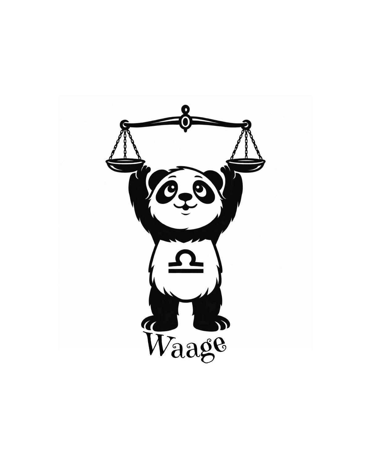 Vorlage Schlüsselanhänger Sternzeichen Panda als Waage mit einer Waage in den Händen und dem Text "Waage".