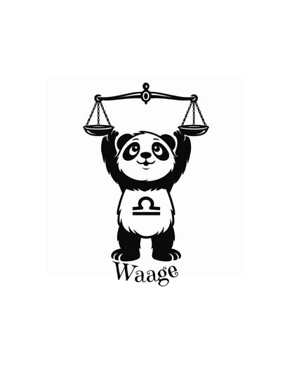 Vorlage Schlüsselanhänger Sternzeichen Panda als Waage mit einer Waage in den Händen und dem Text "Waage".