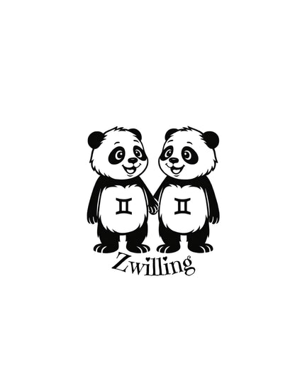 Vorlage Schlüsselanhänger Sternzeichen zwei Panda als Zwilling sowie dem Text "Zwilling".